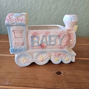 Vintage Ceramic Baby Music Box Nursery Train Planter Decor